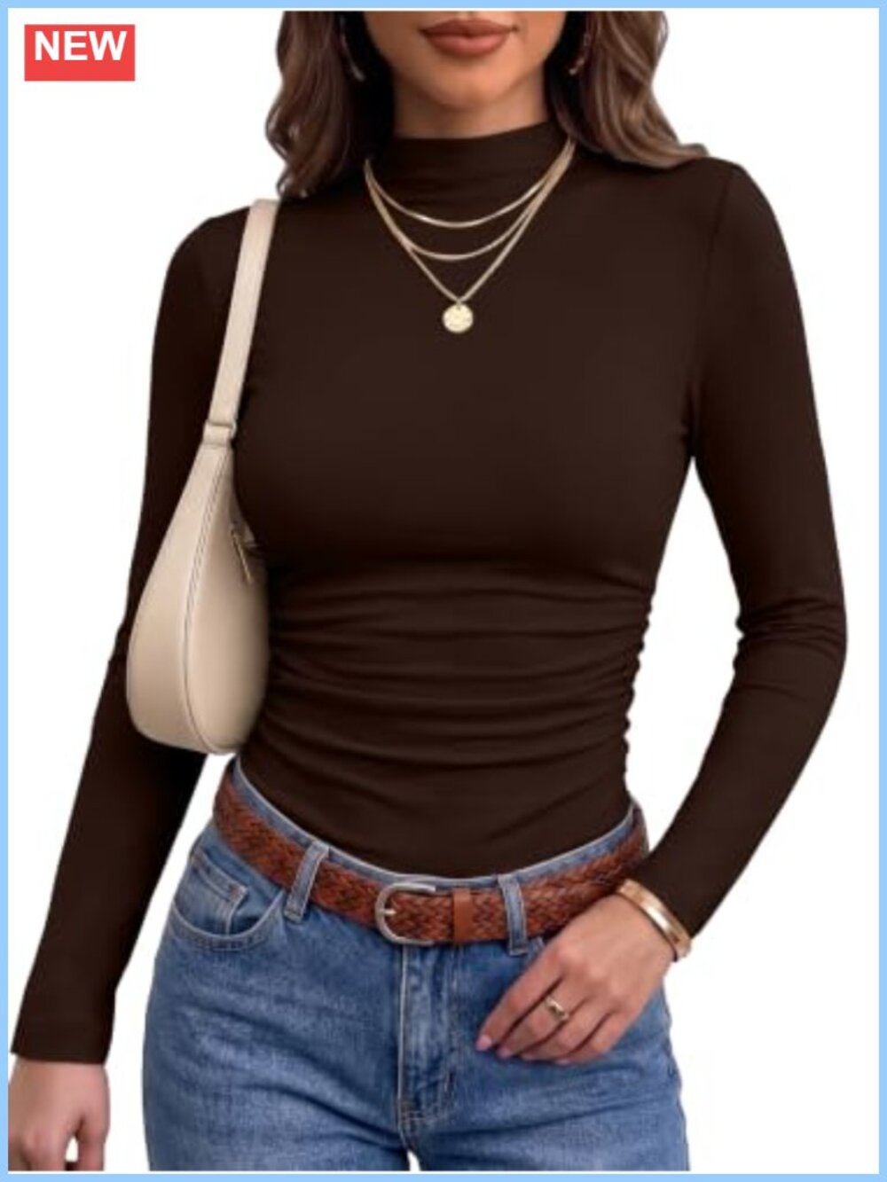 Women's Long Sleeve Mock Neck Ruched Slim Fit Thermal Top